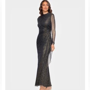 Betsy & Adam Black and Gold Glitter Gown sheer stretchy NWT